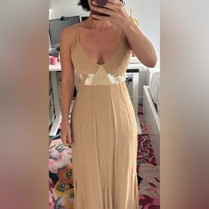 Tan Plunge Neck Sleeveless Sundress for Wedding Guest